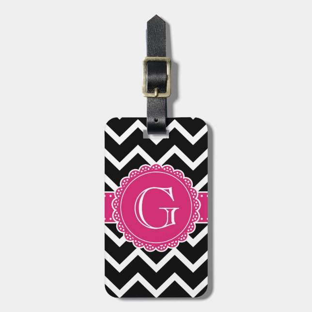 Shock rosa Flower Monogram Black Chevron Bagagebricka (Vertikal Framsida)