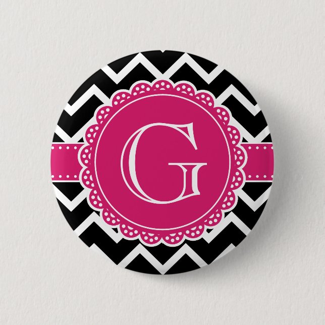 Shock rosa Flower Monogram Black Chevron Knapp (Framsida)