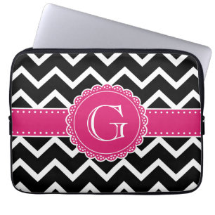 Shock rosa Flower Monogram Black Chevron Laptop Fodral