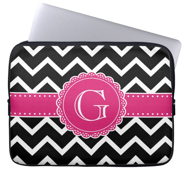 Shock rosa Flower Monogram Black Chevron Laptop Fodral (Framsidan)