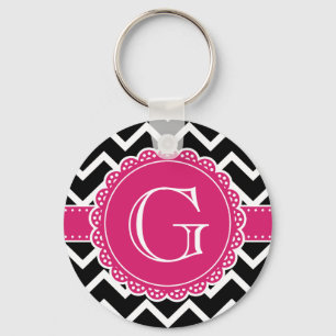 Shock rosa Flower Monogram Black Chevron Nyckelring
