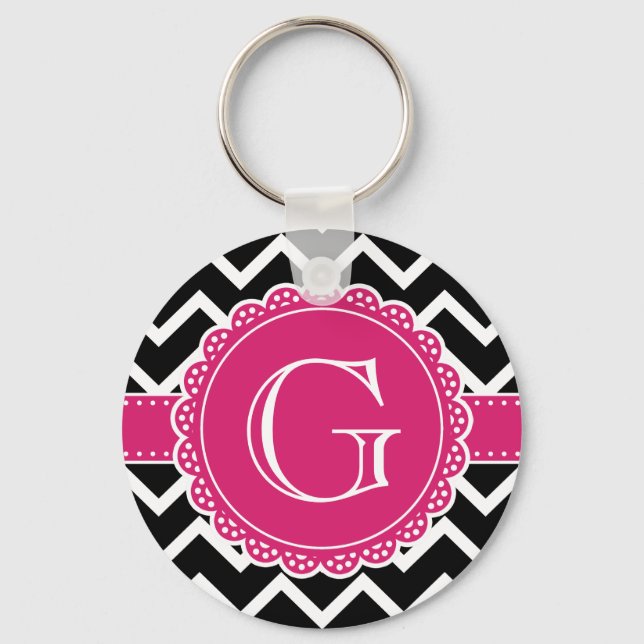 Shock rosa Flower Monogram Black Chevron Nyckelring (Framsida)