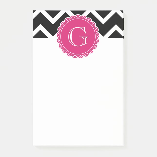 Shock rosa Flower Monogram Black Chevron Post-it Block (Framsida)