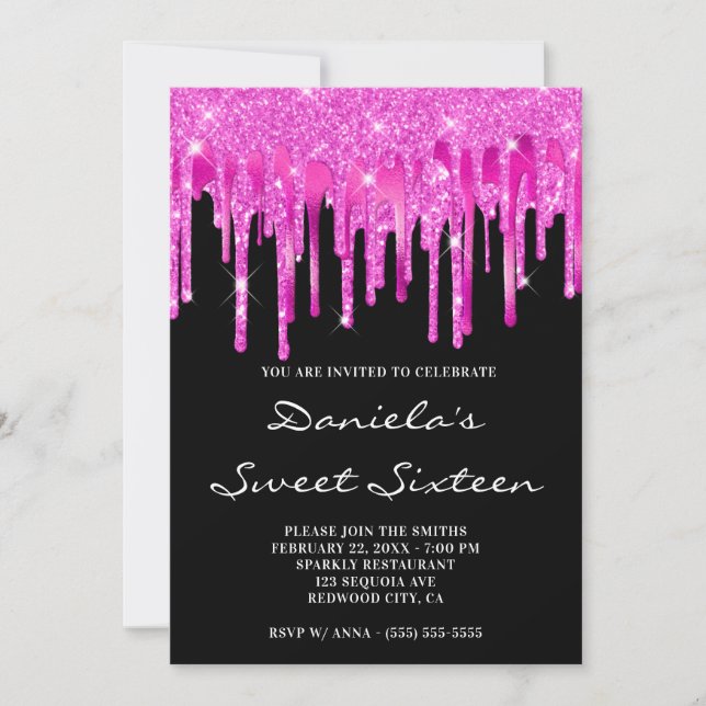 Shock rosa Foil Dricks Black Sweet sixteen Inbjudningar (Framsida)