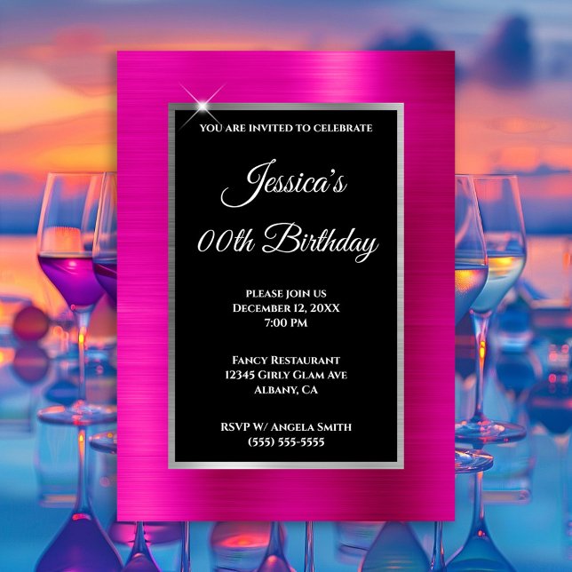 Shock rosa Foil Silver och Black Birthday Inbjudningar (Hot pink silver and black any year birthday invitation.)