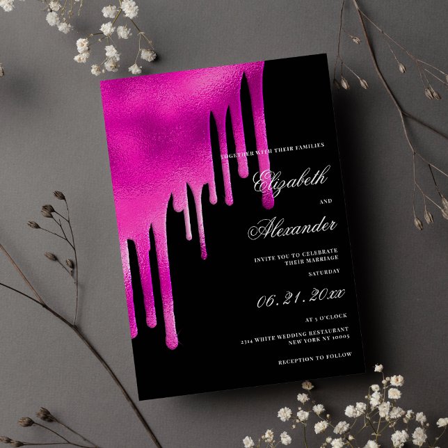 Shock rosa för färgövertoning för svarta vattenfär inbjudningar (Hot pink black watercolor gradient drips wedding)