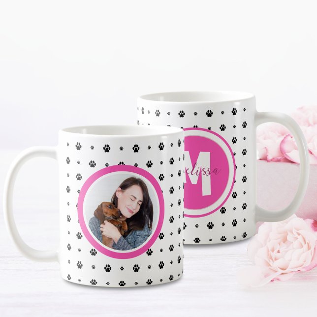 Shock rosa för Hund Pet Monogram Photo Paw-utskrif Kaffemugg (Skapare uppladdad)