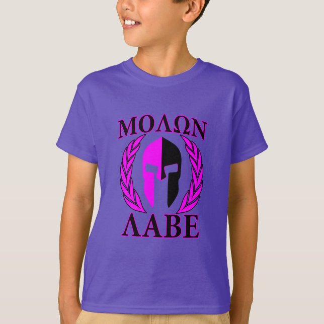 Shock rosa för Molon Labe spartanska hjälmlagrar Tee Shirt (Framsida)