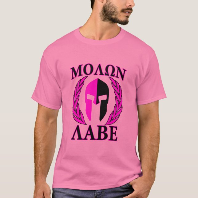 Shock rosa för Molon Labe spartanska hjälmlagrar Tee Shirt (Framsida)
