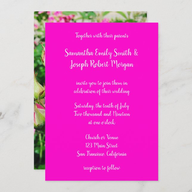 Shock rosa fotokalligrafi inbjudningar (Fram/baksida)