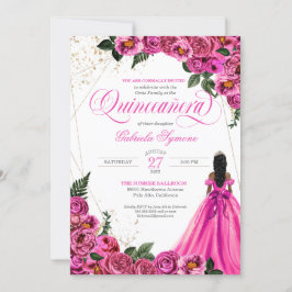 Shock rosa Fuchsia Ro & Guld och Gown Quinceañera Inbjudningar