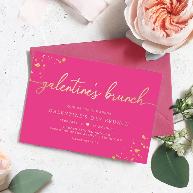 Shock rosa Galentines Brunch-inbjudan på dagen Inbjudningar (Galentines Brunch Invitation Hot Pink Paintly Gold )