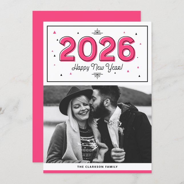Shock rosa Geometric Typography Photo Gott nytt år Julkort (Fram/baksida)