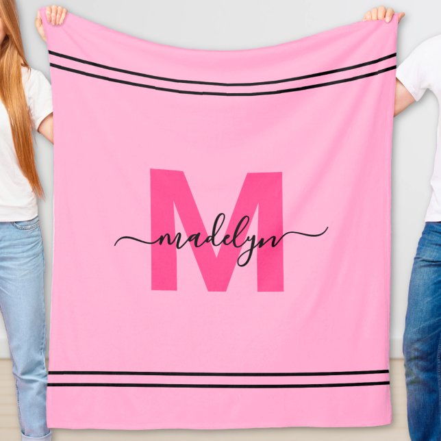Shock rosa Girly Script Namn Monogram Fleecefilt (Hot Pink Girly Script Name Monogram Fleece Blanket)