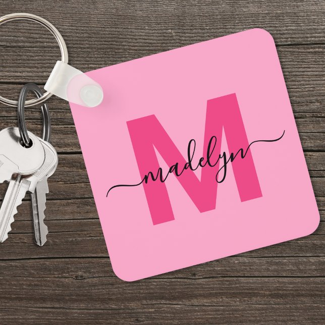 Shock rosa Girly Script Namn Monogram Nyckelring (Hot Pink Girly Script Name Monogram keychain)