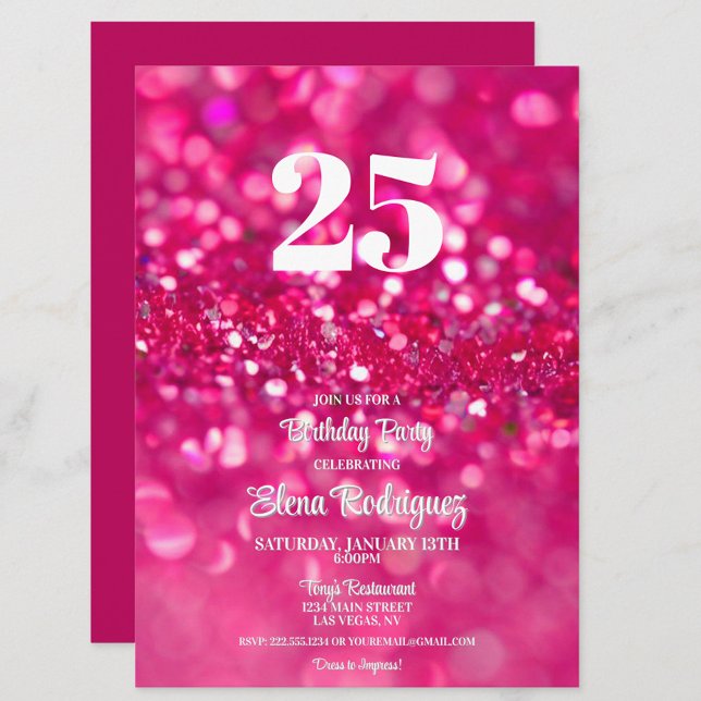 Shock rosa Glam 25:a födelsedagsinbjudan Inbjudningar (Hot Pink Glitter Glam 25th Birthday Party Invitation, Girly Chic Invite, Trendy, Feminine)