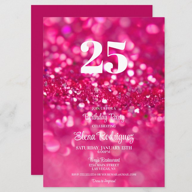 Shock rosa Glam 25:a födelsedagsinbjudan Inbjudningar (Hot Pink Glitter 25th Birthday Invitation for Her)