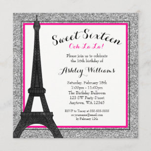 Shock rosa Glam Paris Thees Faux Glitter Sweet 16 Inbjudningar