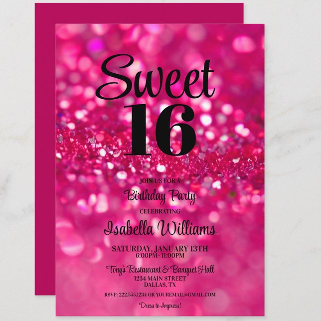 Shock rosa Glam Sweet 16 födelsedagsinbjudan Inbjudningar (Hot Pink Glitter Sweet 16 Birthday Party Invitation, Sweet Sixteen, 16th birthday)
