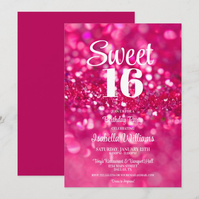 Shock rosa Glam Sweet 16 födelsedagsinbjudan Inbjudningar (Fram/baksida)