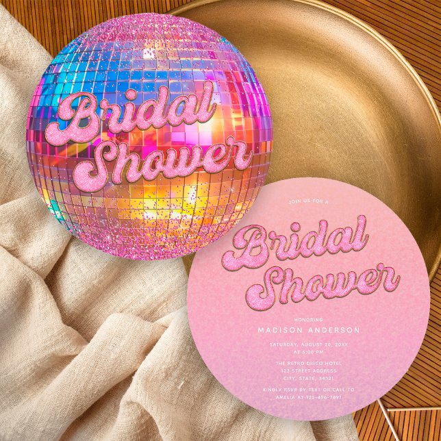 Shock rosa Glitter Disco Boll Möhippa Guld Inbjudningar (Skapare uppladdad)