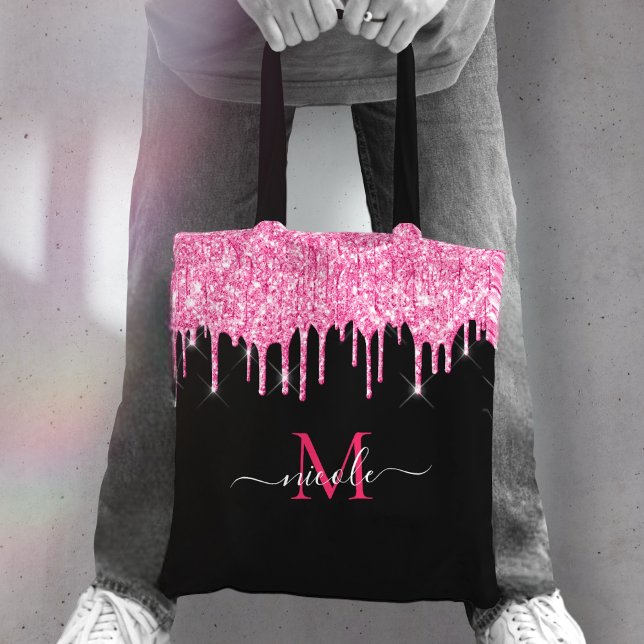 Shock rosa Glitter-droppsbrickan Monogram Namn Bla Tygkasse (Skapare uppladdad)