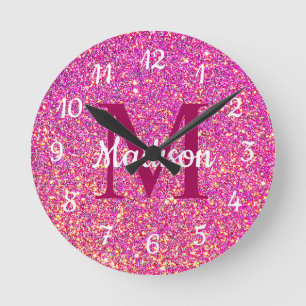 shock rosa Glitter Girly Glam Monogram Namn Rund Klocka