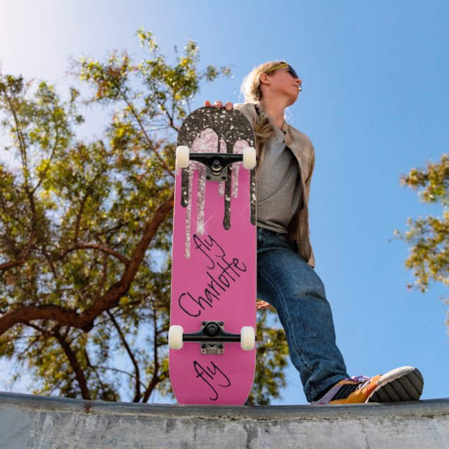 Shock rosa Glitter Girly Gnistra Personlig Namn S Mini Skateboard Bräda 18,5 Cm (Utomhus 1)