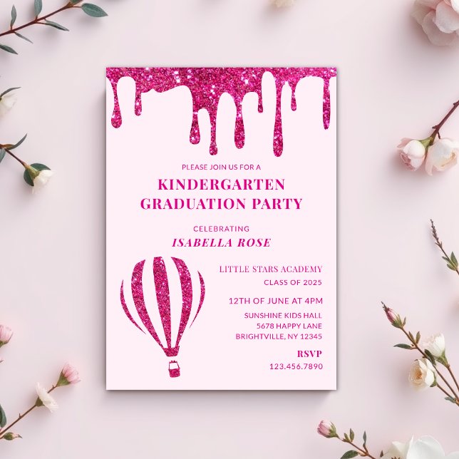 Shock rosa Glitter Kindergarten-Studentfesten Inbjudningar (hot pink kindergarten graduation party invitations, graduation invitations, graduation day invites)