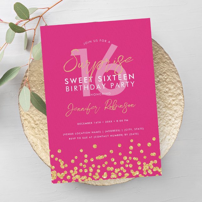 Shock rosa Glitter konfetti Surprise Sweet 16 Inbjudningar (Hot Pink Gold Glitter Confetti Surprise Sweet 16 Invitation)