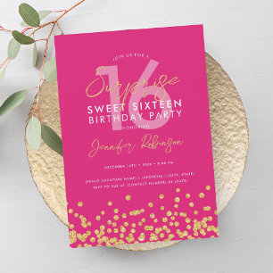Shock rosa Glitter konfetti Surprise Sweet 16 Inbjudningar