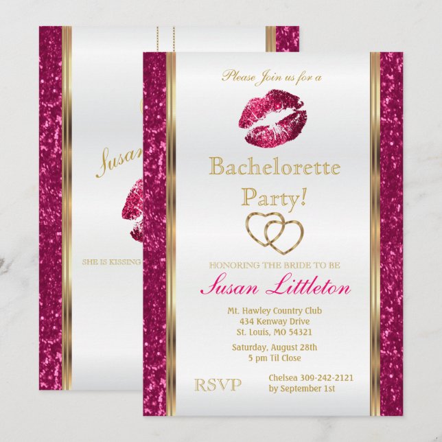 Shock rosa Glitter Läppar Bachelorette Part 2 Inbjudningar (Fram/baksida)