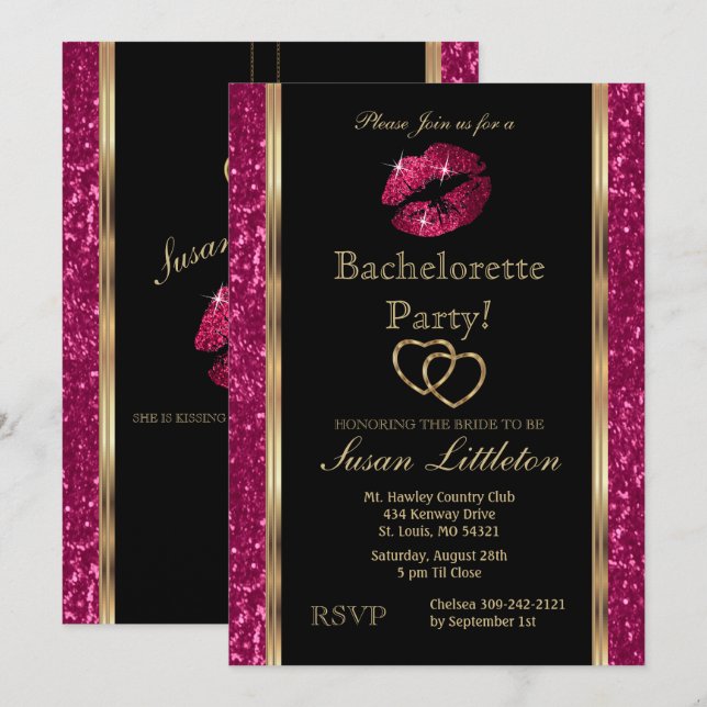 Shock rosa Glitter Läppar Bachelorette Party Inbjudningar (Fram/baksida)