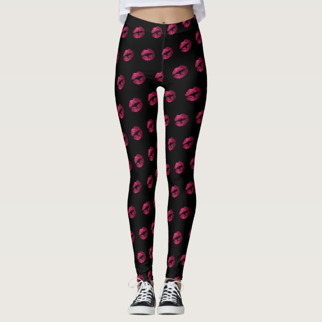 Shock rosa Glitter Lipstick Mönster Leggings (Framsida)