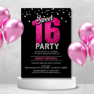 Shock rosa Glitter-miniatyrdiagram SWEET SIXTEEN 1 Inbjudningar