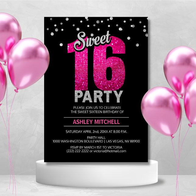 Shock rosa Glitter-miniatyrdiagram SWEET SIXTEEN 1 Inbjudningar (Hot Pink Glitter Sparkles SWEET SIXTEEN 16 Party Invitation)