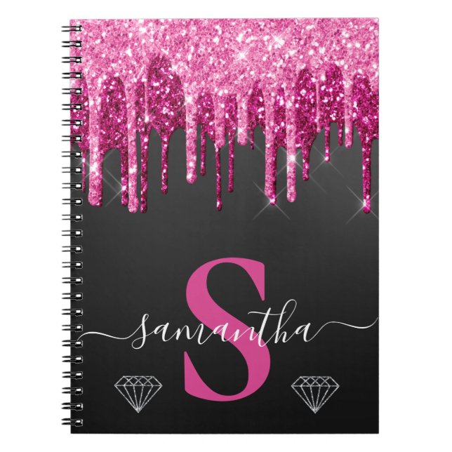 Shock rosa Glitter på svart monogram Anteckningsbok (Framsidan)