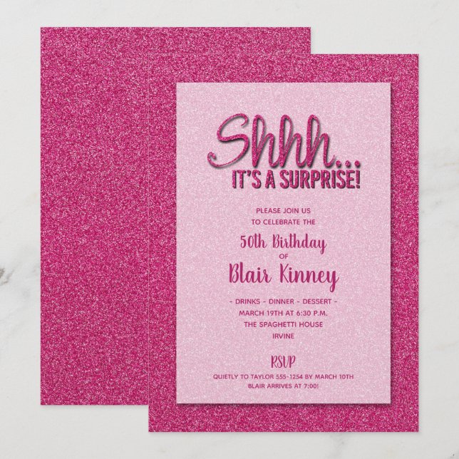 Shock rosa Glitter SURPRISE Birthday Inbjudningar (Fram/baksida)