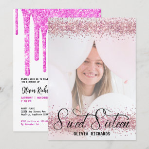 Shock rosa Glitter SWEET SIXTEEN Inbjudningar
