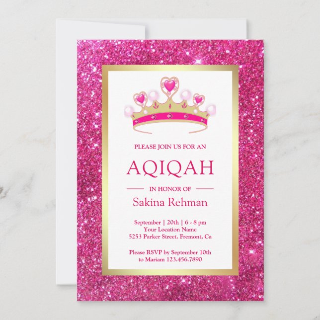 Shock rosa Glitter Tiara Princess Aqiqah Inbjudningar (Framsida)