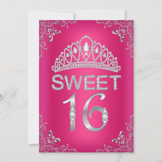 Shock rosa Gnistra Diamond Tiara Sweet 16 Inbjudan (Framsida)