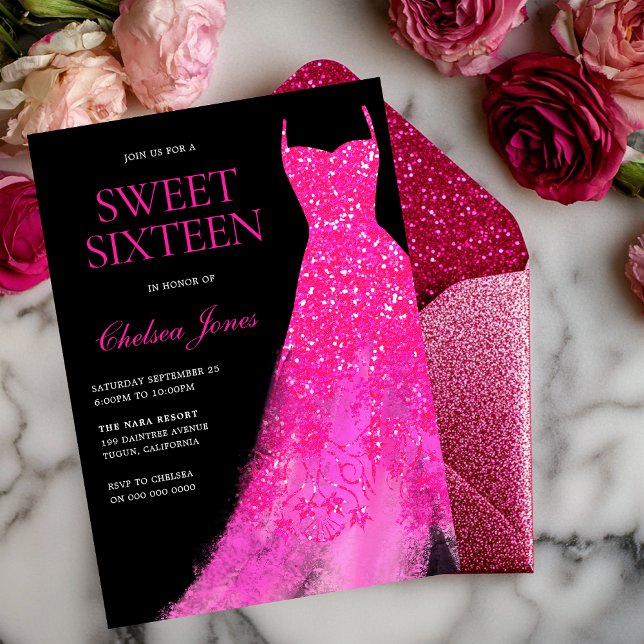Shock rosa Gnistra Dress Girls Sweet 16 Party Inbjudningar (Skapare uppladdad)