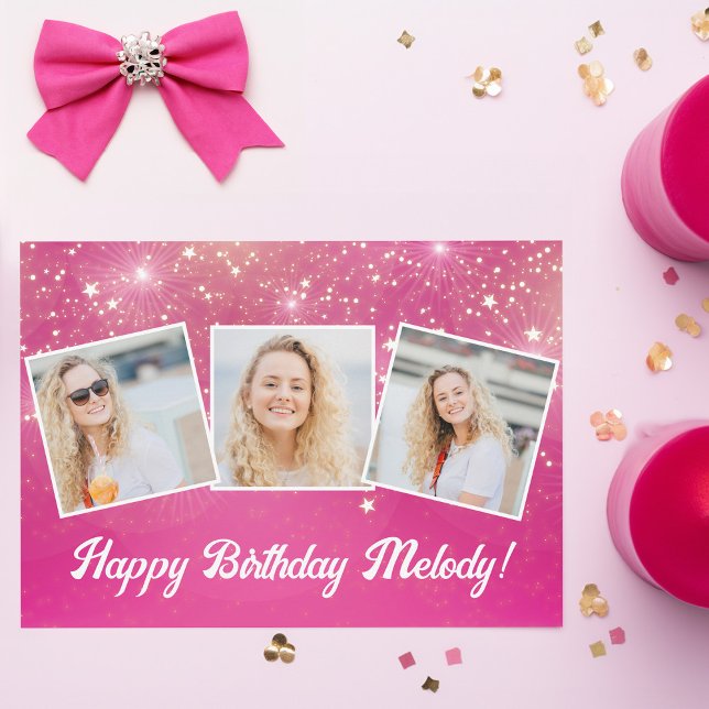 Shock rosa Gnistra Photo Collage Girls Birthday Kort (Skapare uppladdad)