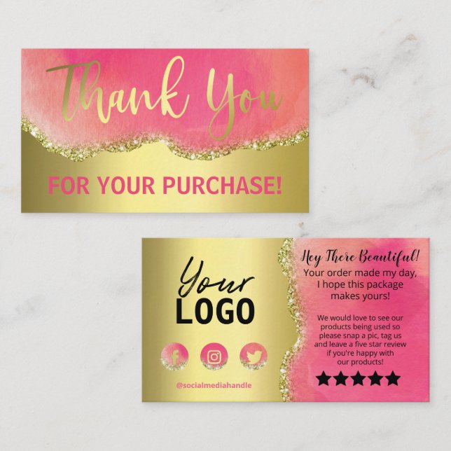 Shock rosa Gold Foil Agate Tack Purchase Visitkort (Fram/baksida)