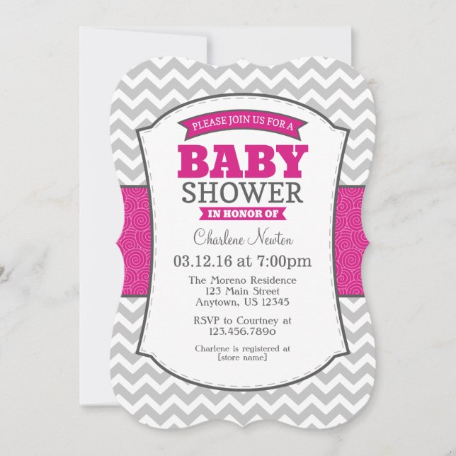Shock rosa Grått Chevron Baby Shower-inbjudan Inbjudningar (Framsida)
