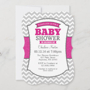 Shock rosa Grått Chevron Baby Shower-inbjudan Inbjudningar
