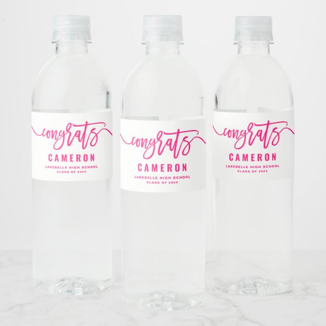 Shock rosa Gratulerar Modern Calligraphy Studenten Vattenflaskor Etikett (Flaskor)