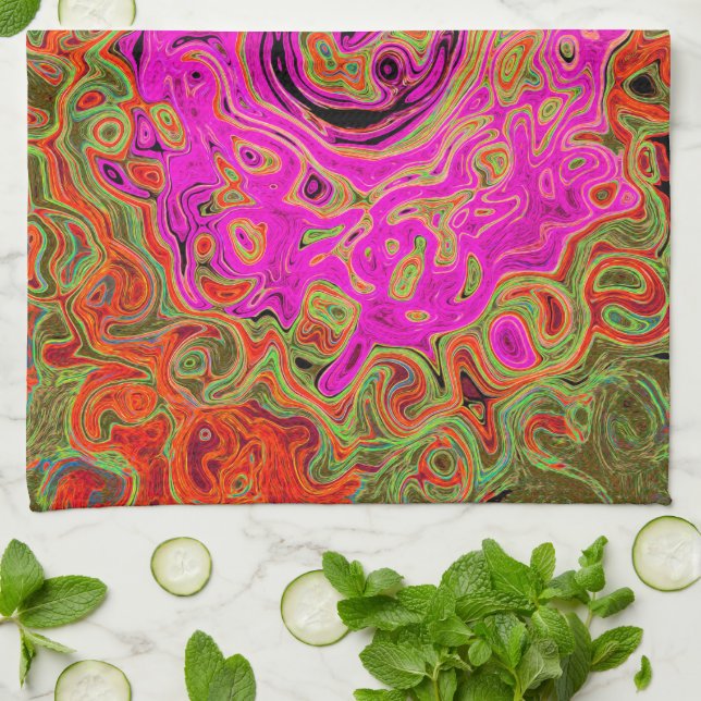 Shock rosa Groovy Abstrakt Retro Liquid Swirl Kökshandduk (Vikta)