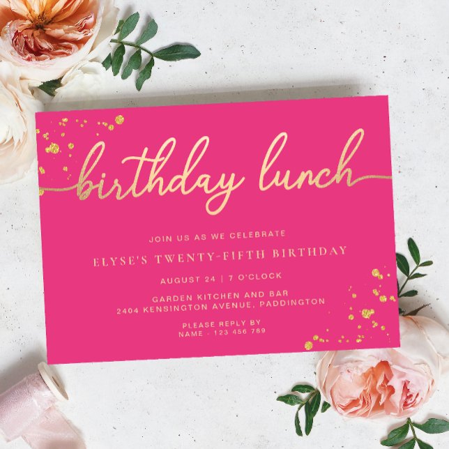 Shock rosa Guld Birthday Lunch Inbjudningar (Birthday Lunch Invitation Paintly Hot Pink Gold )