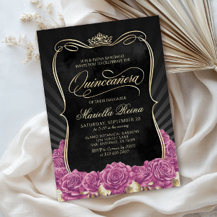 Shock rosa Guld Black Quinceañera Inbjudningar